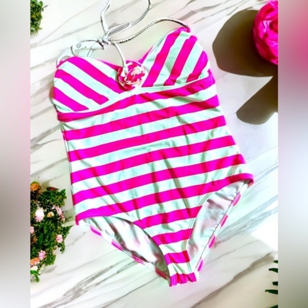 NWOT XL pink and white striped bathing suit